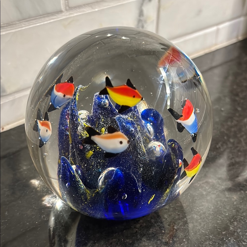 Vintage art glass Colorful Fish Glass Sphere paperweight